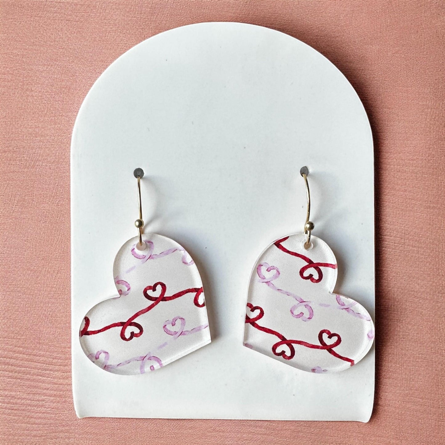Valentine's Day Jewelry, Heart Doodle Earrings, Heart Shape, Triangle Earrings, Cute Gift for Her, Red White Pink Earrings, Galentines Day