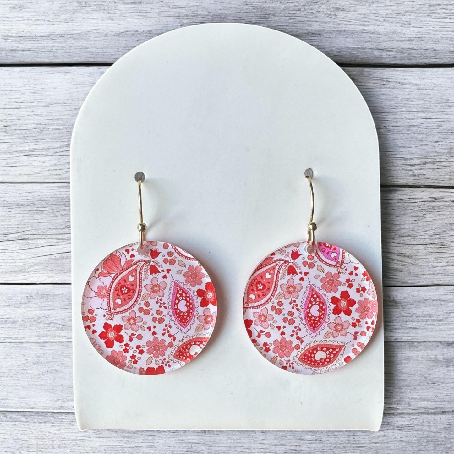 Valentine's Earrings, Paisley Floral Earrings, Circle Diamond Dangles, Red White Pink Jewelry, Romantic Gift for Her, Lightweight Earrings