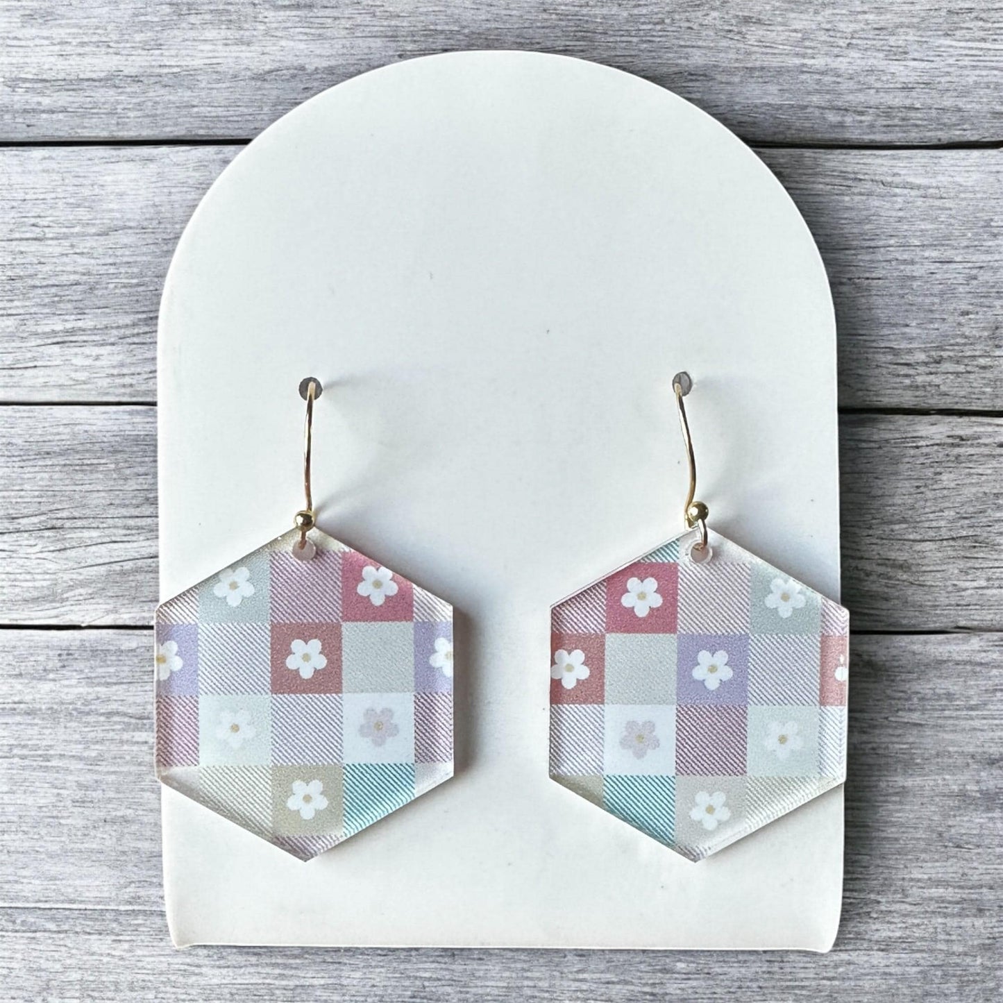 Pastel Retro Floral Earrings, Geometric Checkerboard Dangles, Vintage-Inspired Jewelry, Lightweight Gift for Her, 70s Vibes, Floral Jewelry