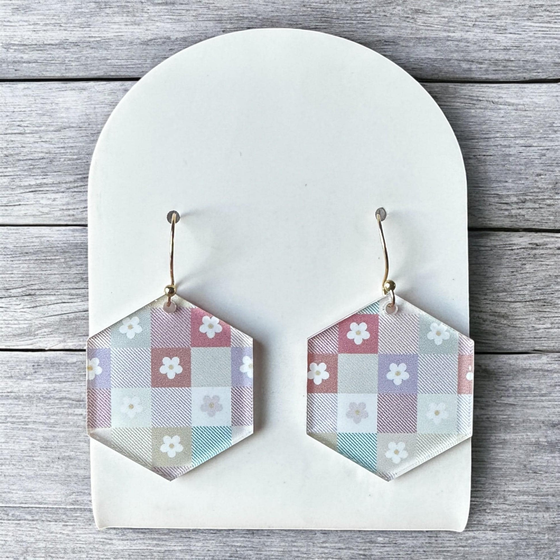 Pastel Retro Floral Earrings, Geometric Checkerboard Dangles, Vintage-Inspired Jewelry, Lightweight Gift for Her, 70s Vibes, Floral Jewelry