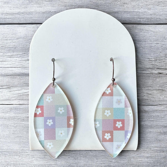 Pastel Retro Floral Earrings, Geometric Checkerboard Dangles, Vintage-Inspired Jewelry, Lightweight Gift for Her, 70s Vibes, Floral Jewelry
