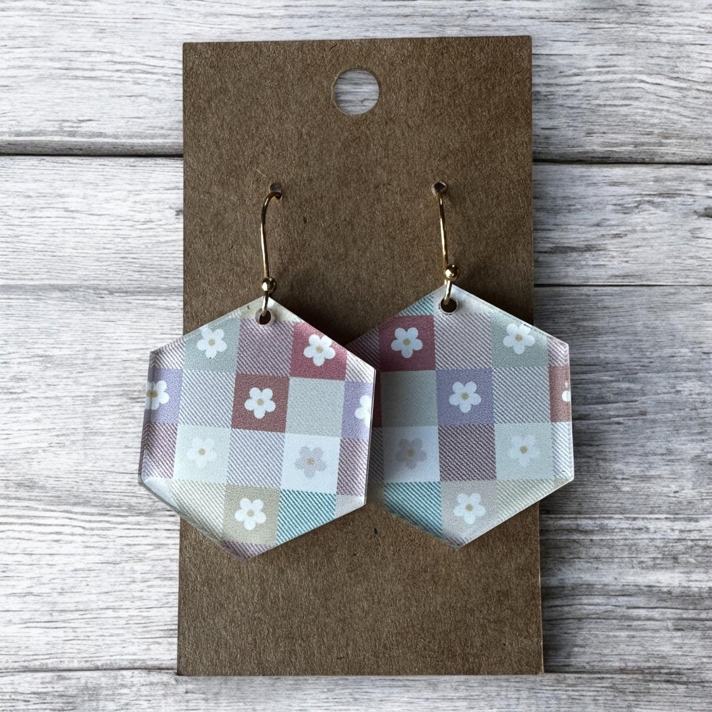 Pastel Retro Floral Earrings, Geometric Checkerboard Dangles, Vintage-Inspired Jewelry, Lightweight Gift for Her, 70s Vibes, Floral Jewelry