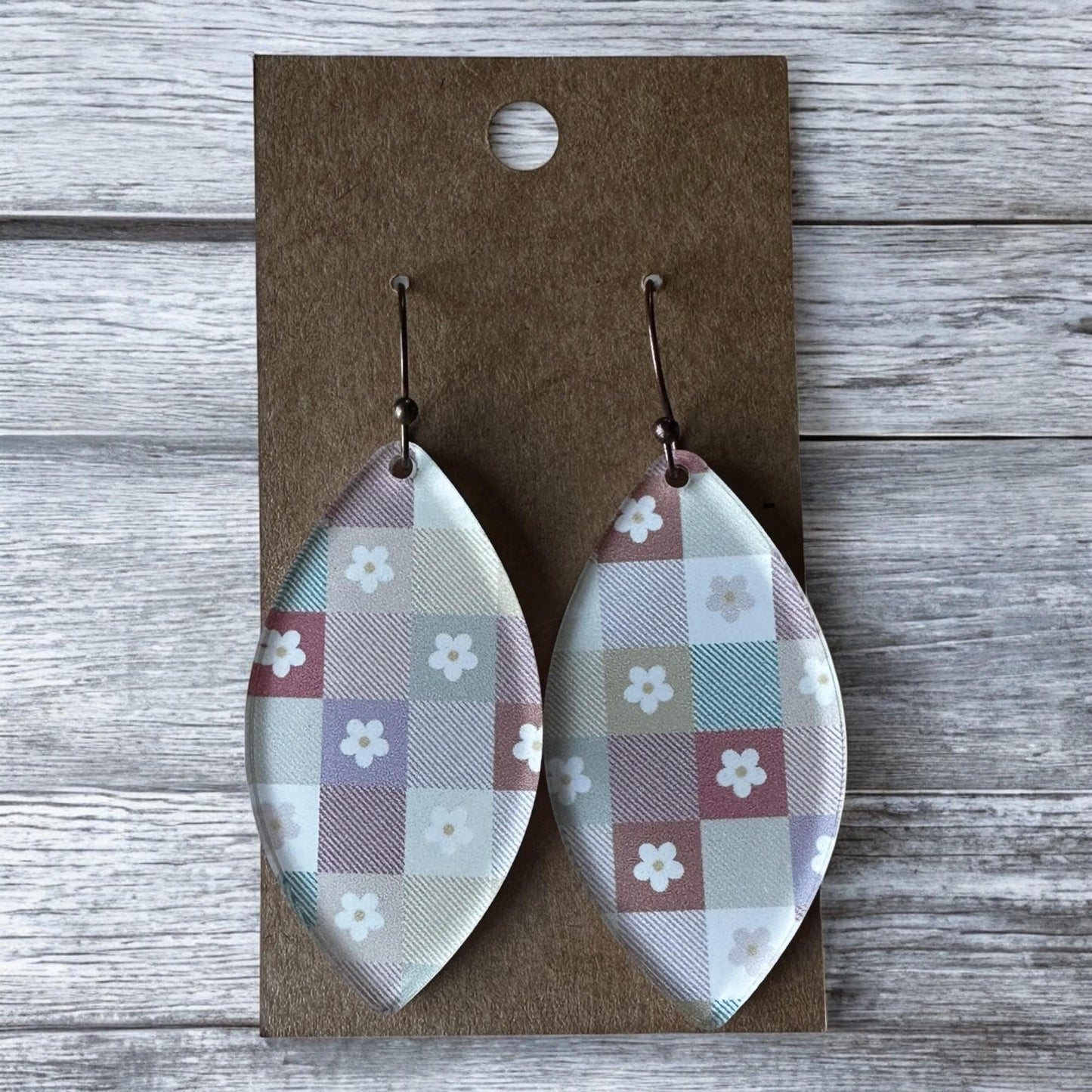 Pastel Retro Floral Earrings, Geometric Checkerboard Dangles, Vintage-Inspired Jewelry, Lightweight Gift for Her, 70s Vibes, Floral Jewelry
