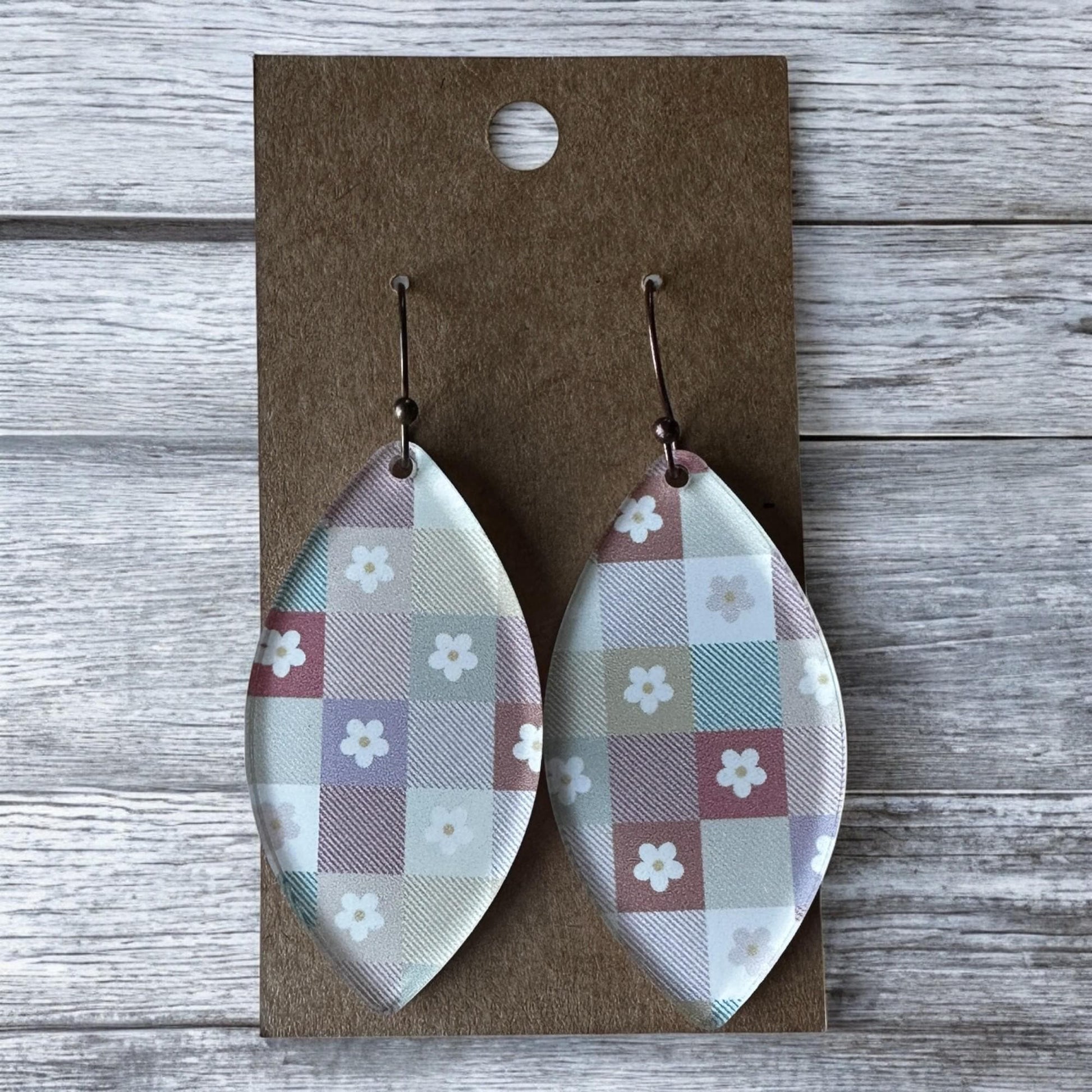 Pastel Retro Floral Earrings, Geometric Checkerboard Dangles, Vintage-Inspired Jewelry, Lightweight Gift for Her, 70s Vibes, Floral Jewelry