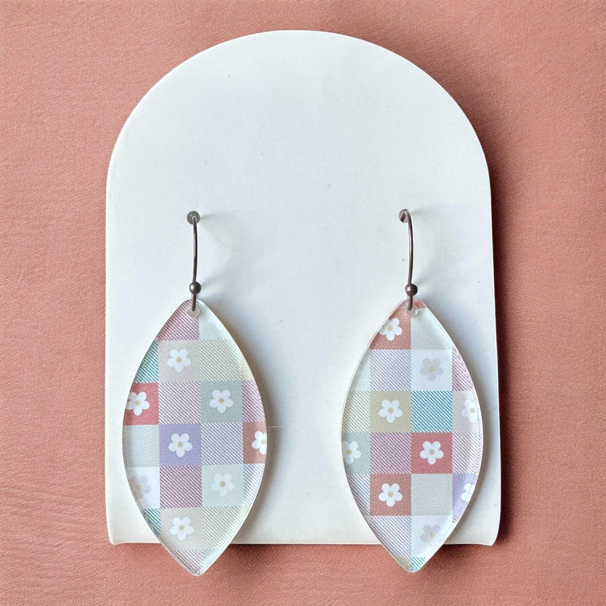Pastel Retro Floral Earrings, Geometric Checkerboard Dangles, Vintage-Inspired Jewelry, Lightweight Gift for Her, 70s Vibes, Floral Jewelry
