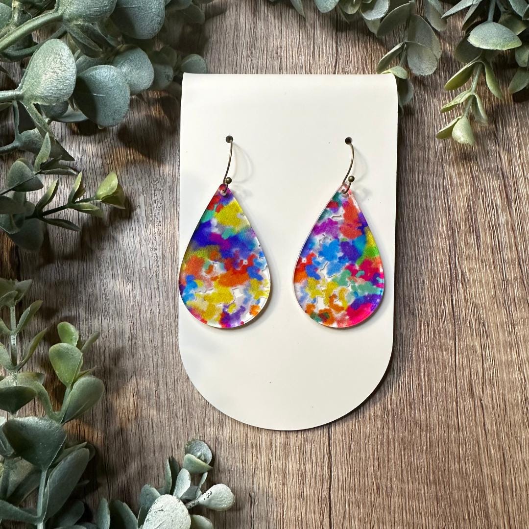 Colorful Earrings, Dangle Earrings, Sponge Painted, Rainbow Earrings, Pride Earrings, Party Jewelry, Acrylic Earrings, Kids Earrings