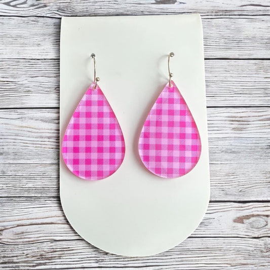 Pink Plaid Earrings, Valentine’s Day Earrings, Lightweight Acrylic Earrings, Cute Dangle Earrings, Spring Earrings, Gift for Her