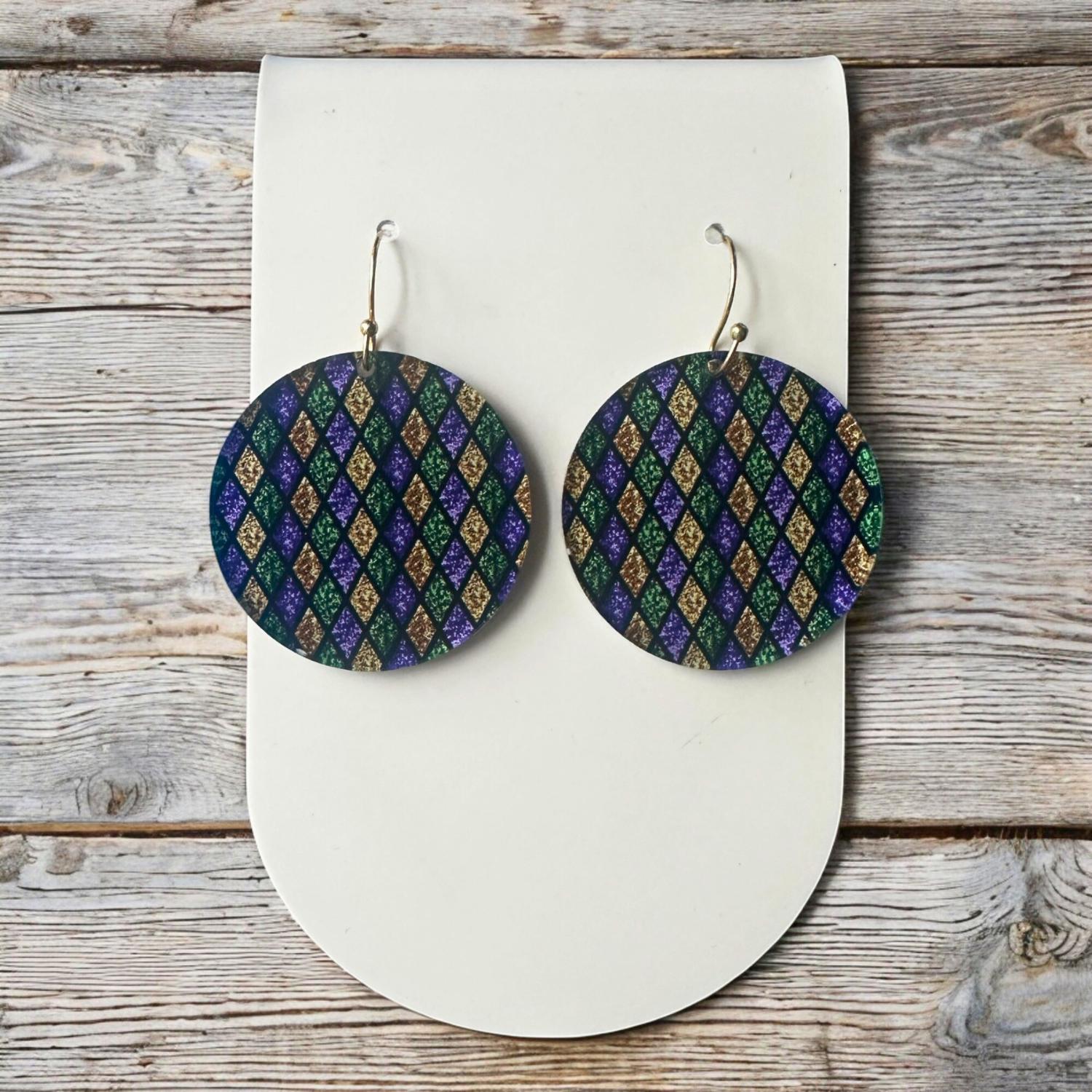 Mardi Gras Earrings, Argyle Pattern Dangle Earrings, Purple Green Gold Earrings, Fat Tuesday Jewelry, Lightweight Acrylic Earrings