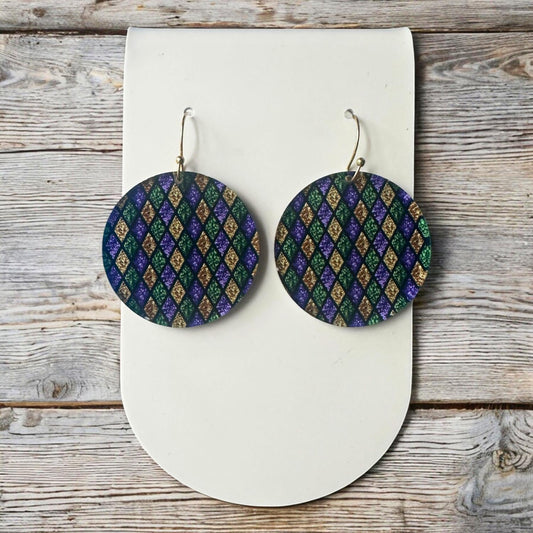 Mardi Gras Earrings, Argyle Pattern Dangle Earrings, Purple Green Gold Earrings, Fat Tuesday Jewelry, Lightweight Acrylic Earrings