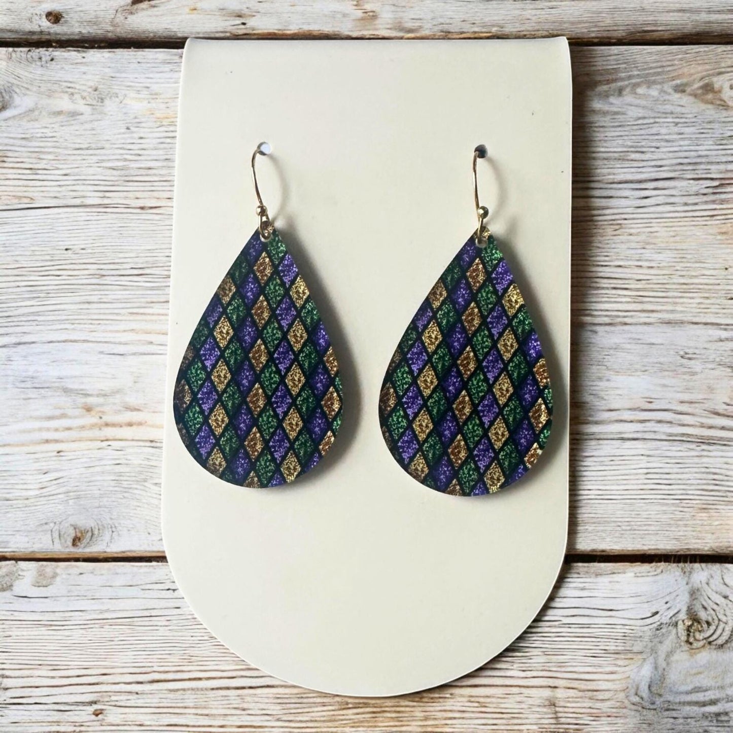 Mardi Gras Earrings, Argyle Pattern Dangle Earrings, Purple Green Gold Earrings, Fat Tuesday Jewelry, Lightweight Acrylic Earrings