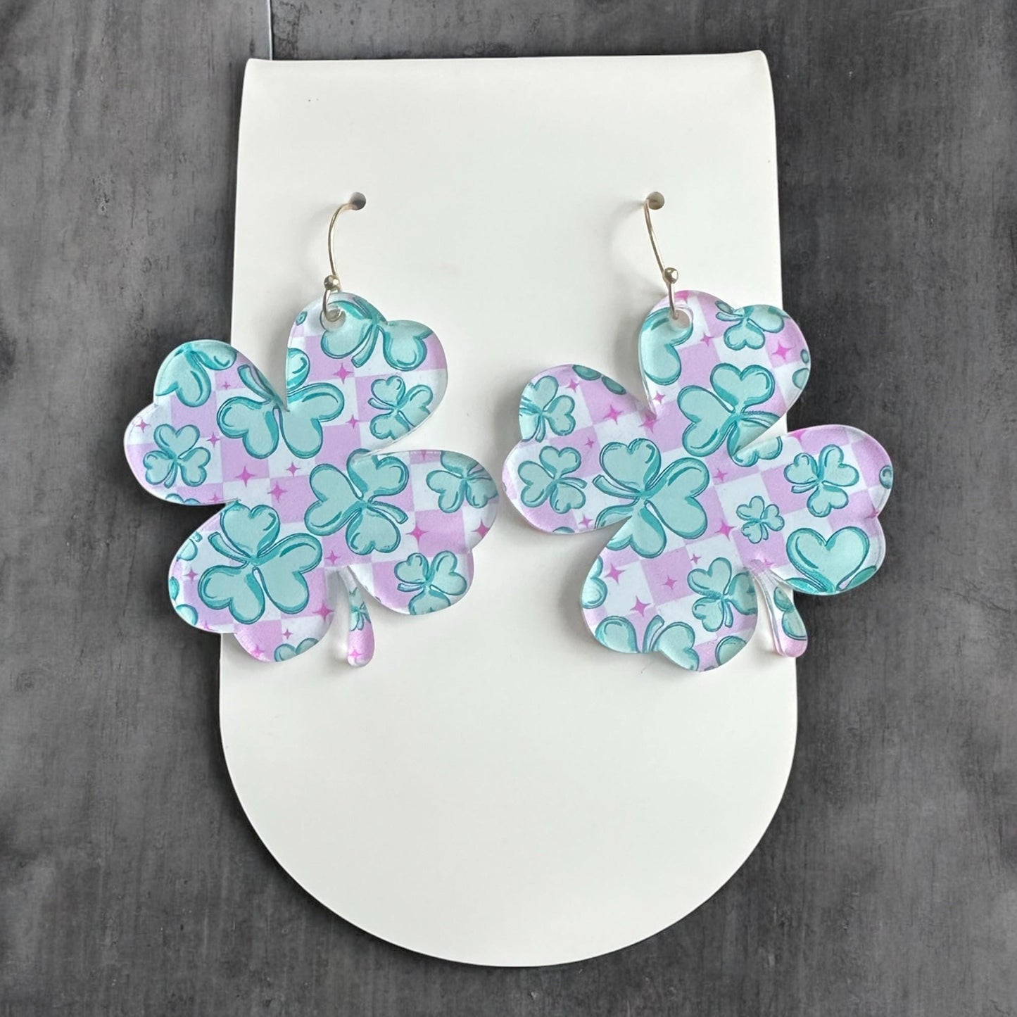 Shamrock Earrings, Pink Checkerboard Earrings, Retro St Patricks Day Earrings, Lightweight Acrylic Earrings, Irish Clover Earrings