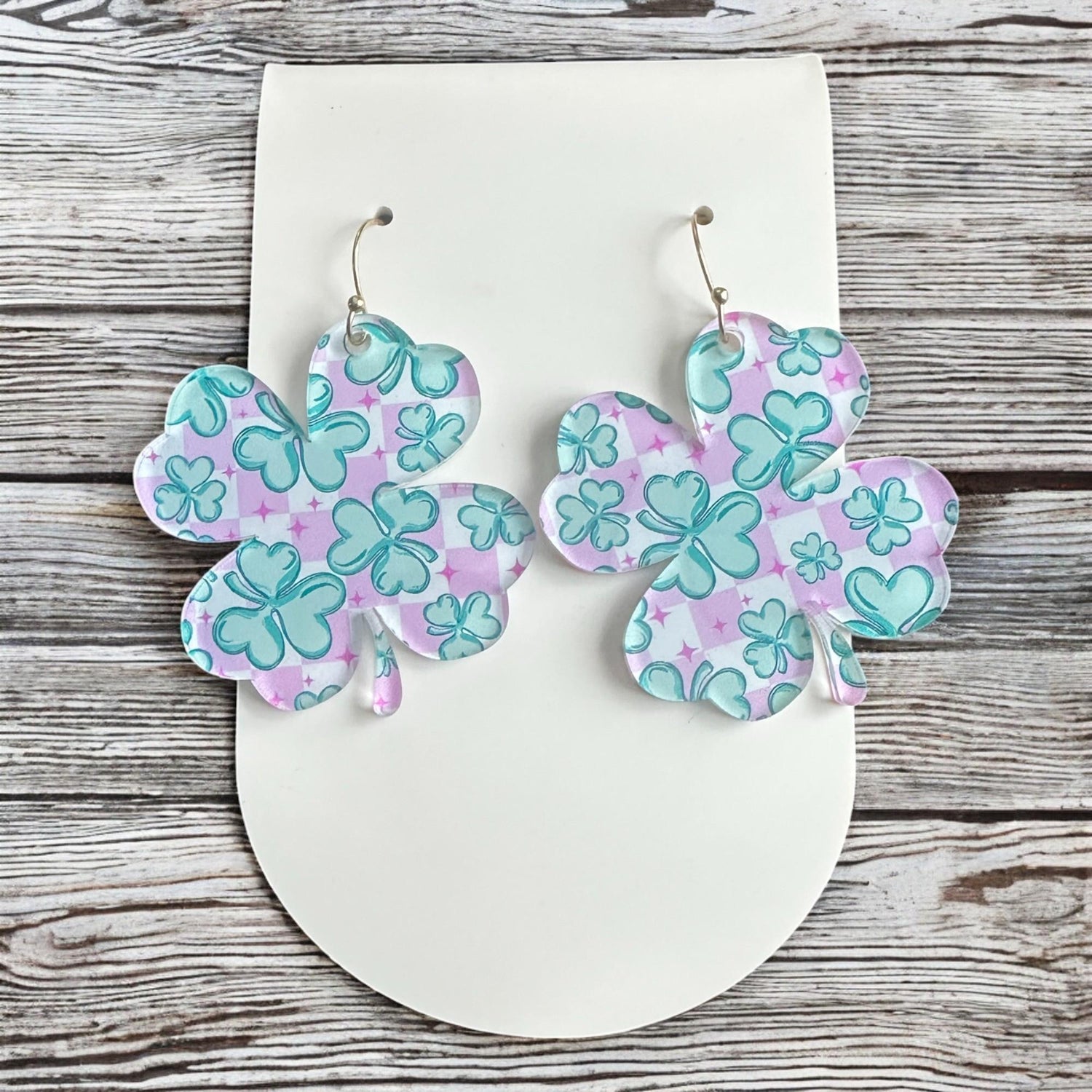Shamrock Earrings, Pink Checkerboard Earrings, Retro St Patricks Day Earrings, Lightweight Acrylic Earrings, Irish Clover Earrings