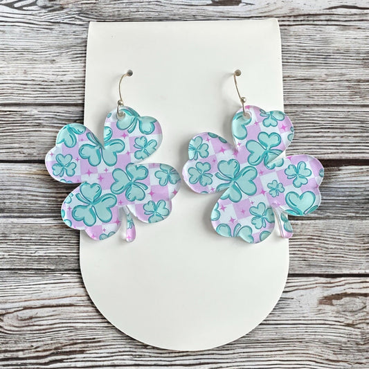 Shamrock Earrings, Pink Checkerboard Earrings, Retro St Patricks Day Earrings, Lightweight Acrylic Earrings, Irish Clover Earrings