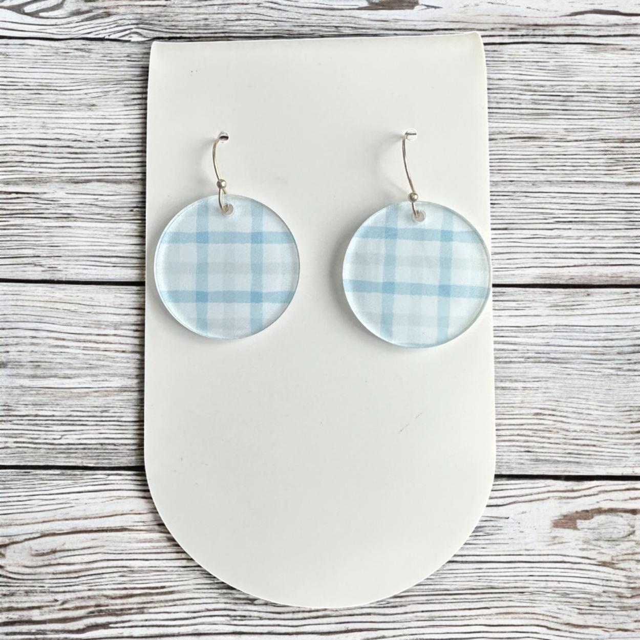 Baby Blue Plaid Earrings, Spring Earrings, Lightweight Acrylic Earrings, Minimalist Dangle Earrings, Baby Shower Gift, Gift for Her