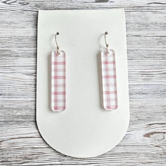 Pink Plaid Earrings, Pastel Earrings, Spring Dangle Earrings, Lightweight Acrylic Earrings, Baby Shower Gift, Gift for Her, Light Pink