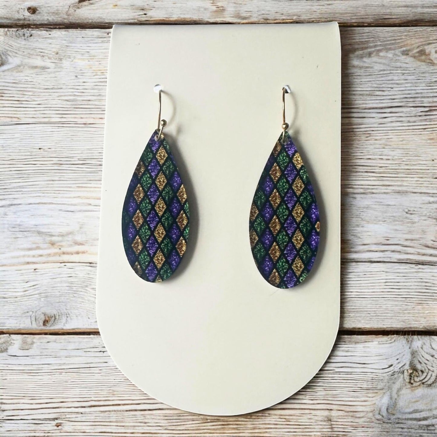 Mardi Gras Earrings, Argyle Pattern Dangle Earrings, Purple Green Gold Earrings, Fat Tuesday Jewelry, Lightweight Acrylic Earrings