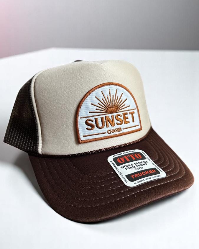 Sunset Chaser Trucker Hat, Tan and Brown Foam Snapback, Embroidered Patch Hat, Outdoor Adventure Cap, Wanderlust Gift, Otto Mesh Hat