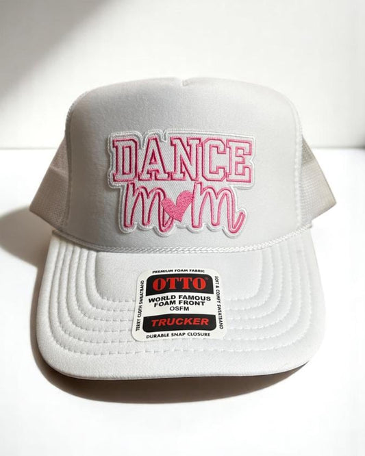Dance Mom Trucker Hat, All White Foam Snapback Cap, Embroidered Patch Hat for Moms, Pink and White Patch Hat, Dance Competition Gift