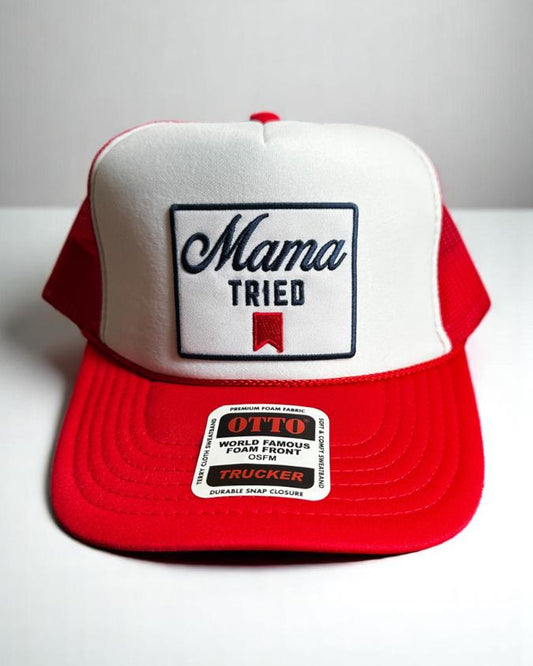 Mama Tried Trucker Hat, Red and White Foam Snapback, Funny Beer Logo Patch Hat, Retro Country Mama Cap, Embroidered Otto Mesh Hat