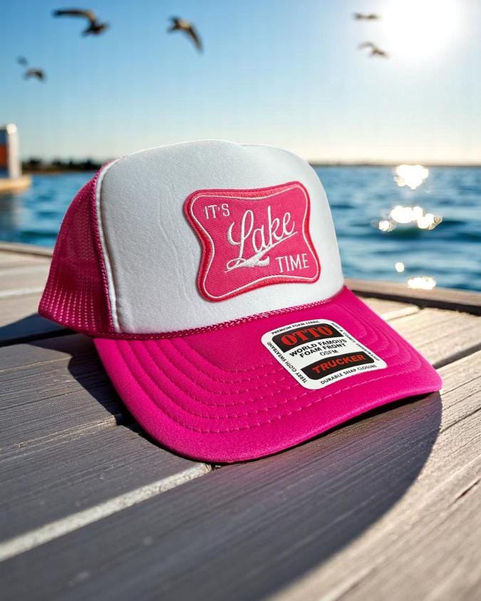 It’s Lake Time Trucker Hat, Hot Pink Foam Snapback, Summer Patch Hat, Embroidered Lake Life Cap for Women, Vacation Otto Mesh Hat