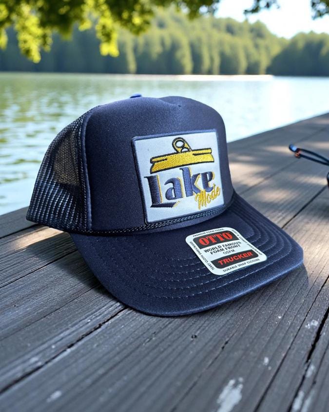 Lake Mode Trucker Hat, Navy Blue Foam Snapback Cap, Beer Can Patch Hat, Embroidered Lake Life Hat, Summer Boat Gift, Otto Mesh Trucker