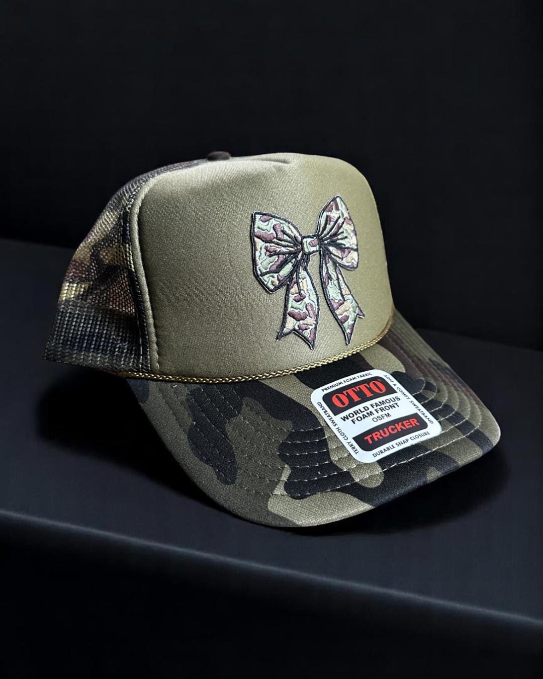 Camo Bow Trucker Hat, Foam Snapback Cap with Camouflage Bow, Cute Outdoor Hat for Women, Hunting Style Cap, Otto Mesh Hat for Her