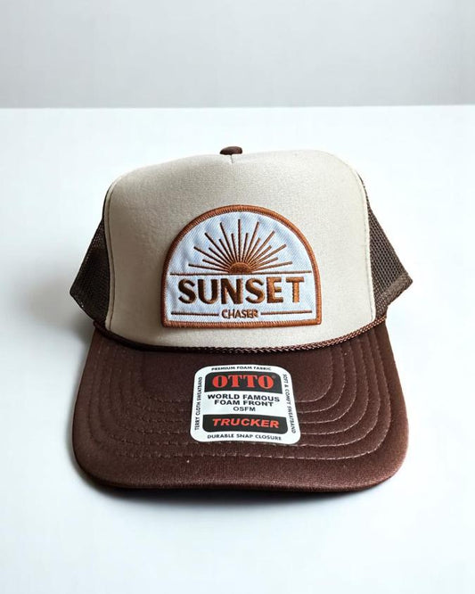 Sunset Chaser Trucker Hat, Tan and Brown Foam Snapback, Embroidered Patch Hat, Outdoor Adventure Cap, Wanderlust Gift, Otto Mesh Hat
