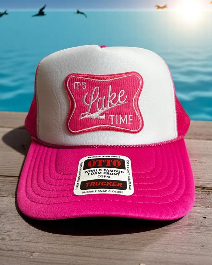 It’s Lake Time Trucker Hat, Hot Pink Foam Snapback, Summer Patch Hat, Embroidered Lake Life Cap for Women, Vacation Otto Mesh Hat