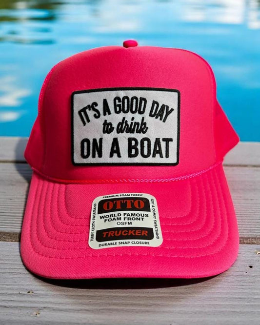 Drink on a Boat Hat, Funny Hot Pink Foam Trucker, Summer Snapback Cap, Embroidered Patch Hat for Women, Lake Party Gift, Otto Mesh Hat