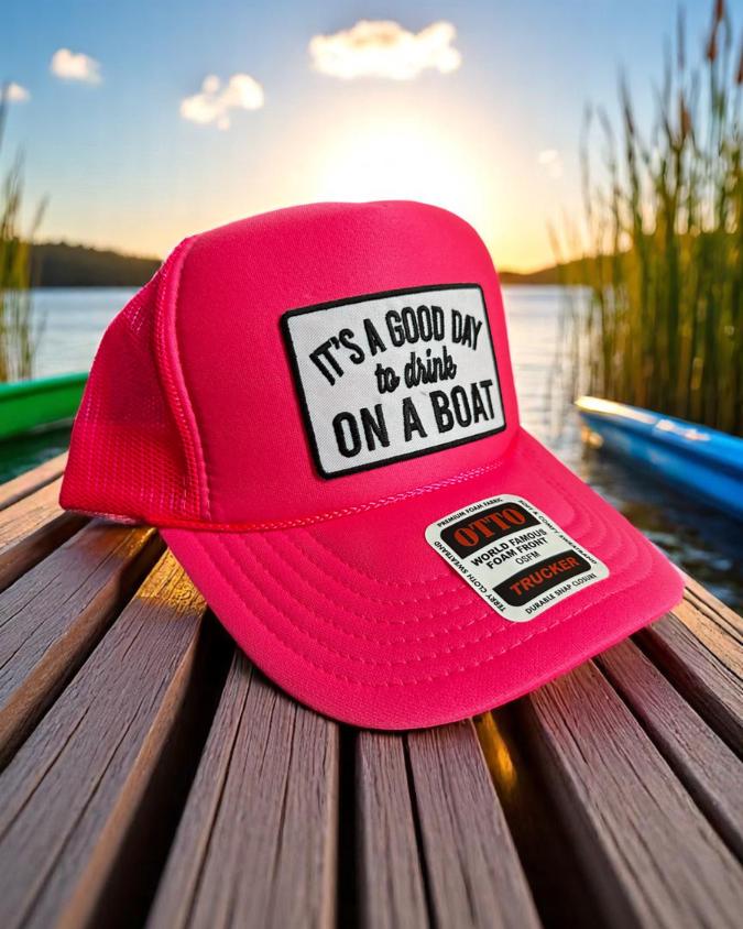 Drink on a Boat Hat, Funny Hot Pink Foam Trucker, Summer Snapback Cap, Embroidered Patch Hat for Women, Lake Party Gift, Otto Mesh Hat