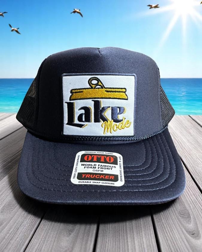 Lake Mode Trucker Hat, Navy Blue Foam Snapback Cap, Beer Can Patch Hat, Embroidered Lake Life Hat, Summer Boat Gift, Otto Mesh Trucker