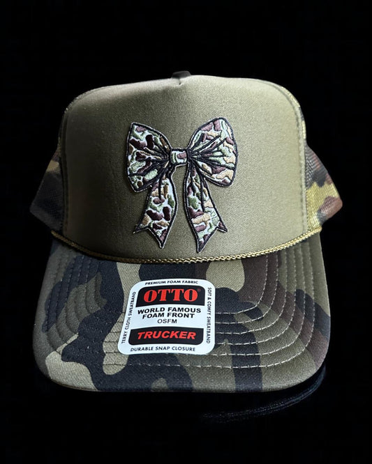 Camo Bow Trucker Hat, Foam Snapback Cap with Camouflage Bow, Cute Outdoor Hat for Women, Hunting Style Cap, Otto Mesh Hat for Her