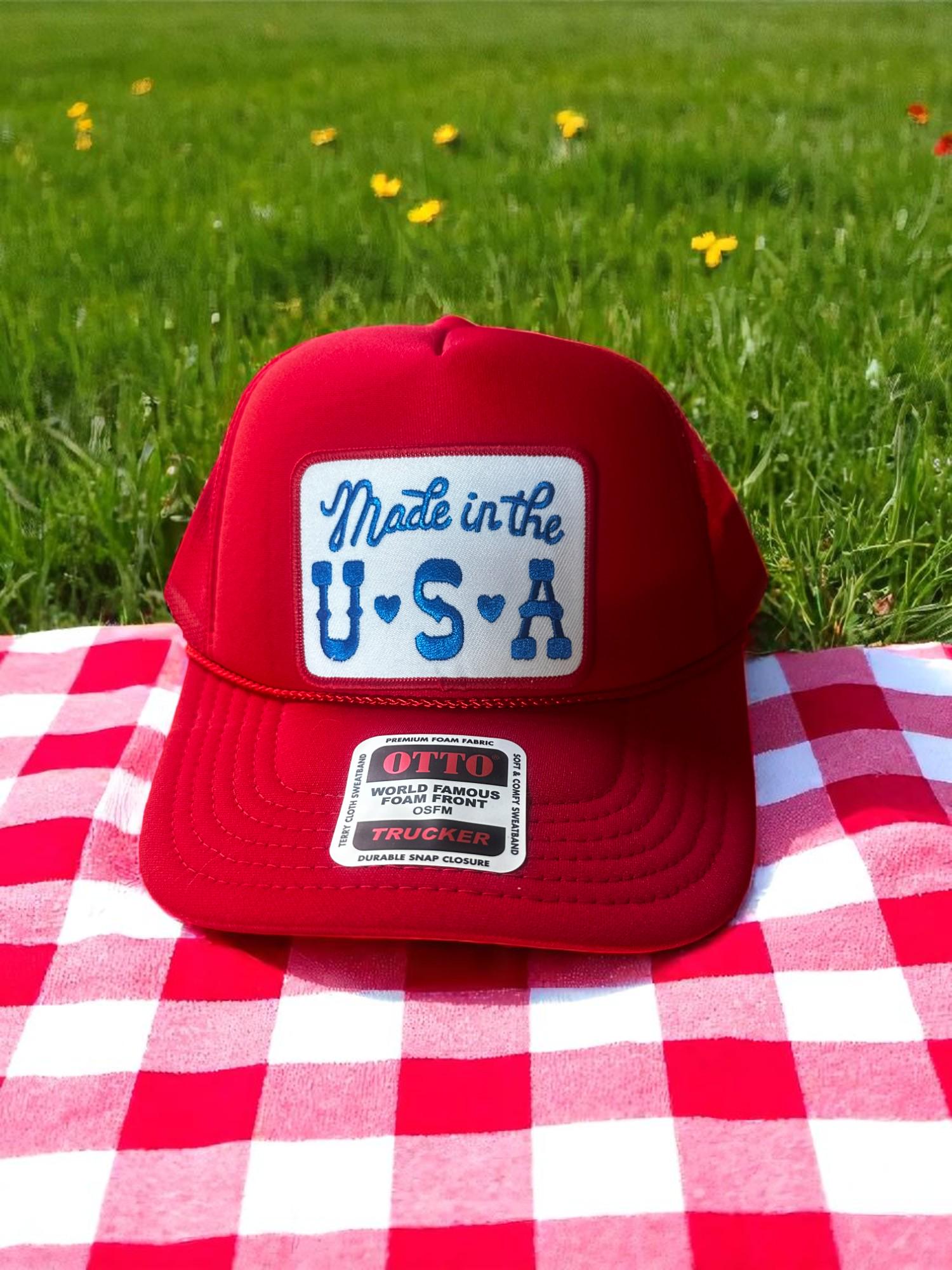 Made in the USA Hat, Red Patriotic Trucker Hat, Fourth of July Cap, USA Embroidered Hat, American Pride Foam Hat, Otto Snapback
