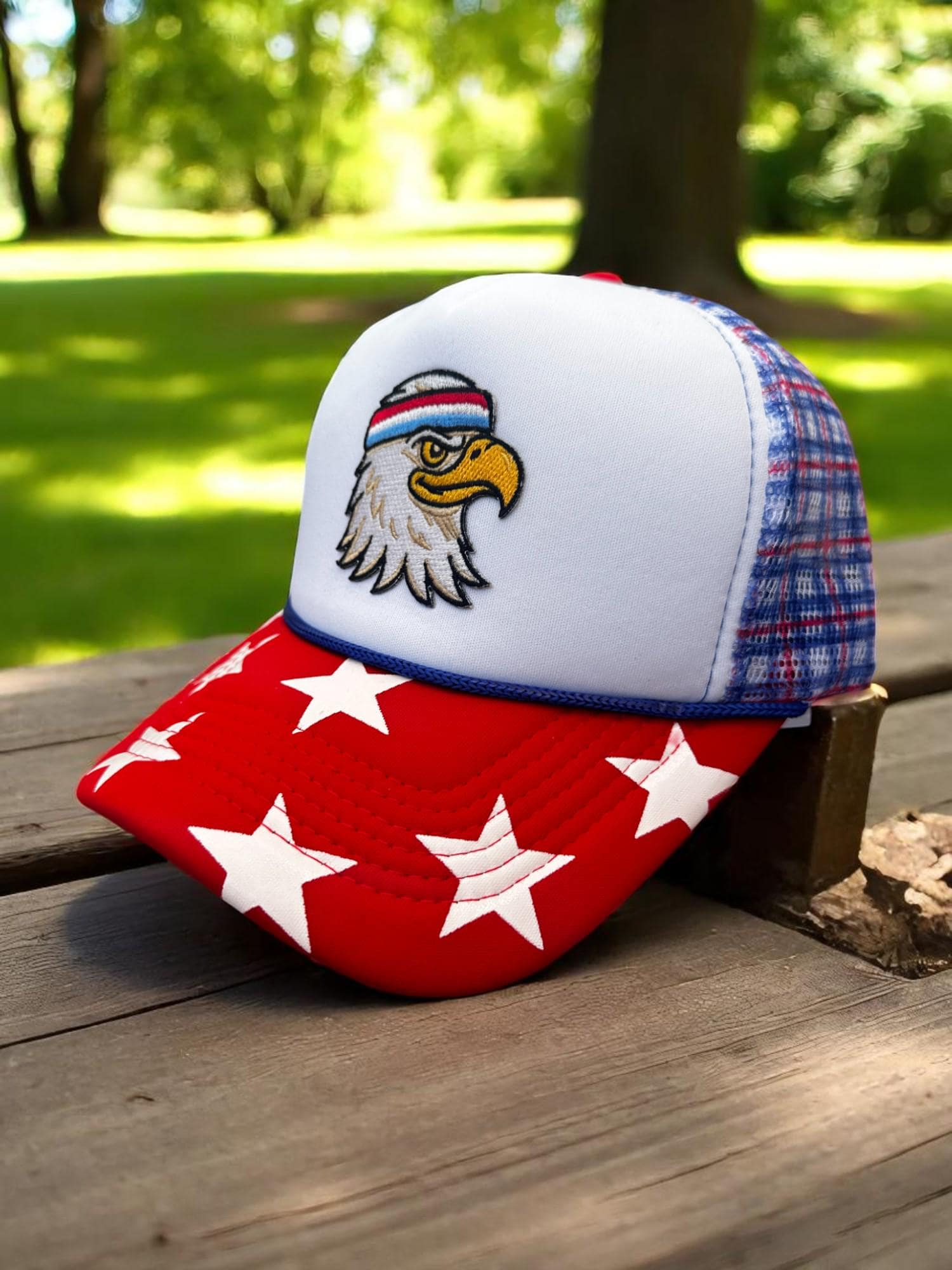 Fourth of July Trucker Hat, Patriotic Eagle Patch Cap, Red White Blue Star Hat, USA Mesh Snapback, Vintage American Flag Hat