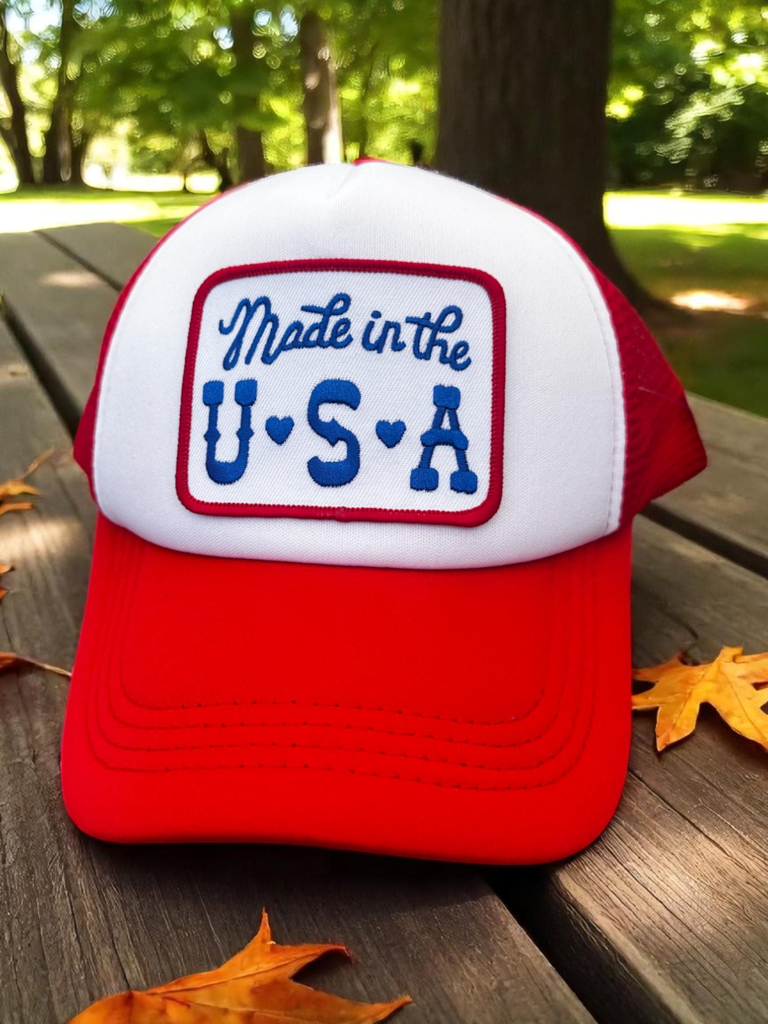 Made in the USA Trucker Hat, Patriotic Mesh Snapback Cap, Red White Blue Patch Hat, Fourth of July Hat for Men, Retro American Pride Hat