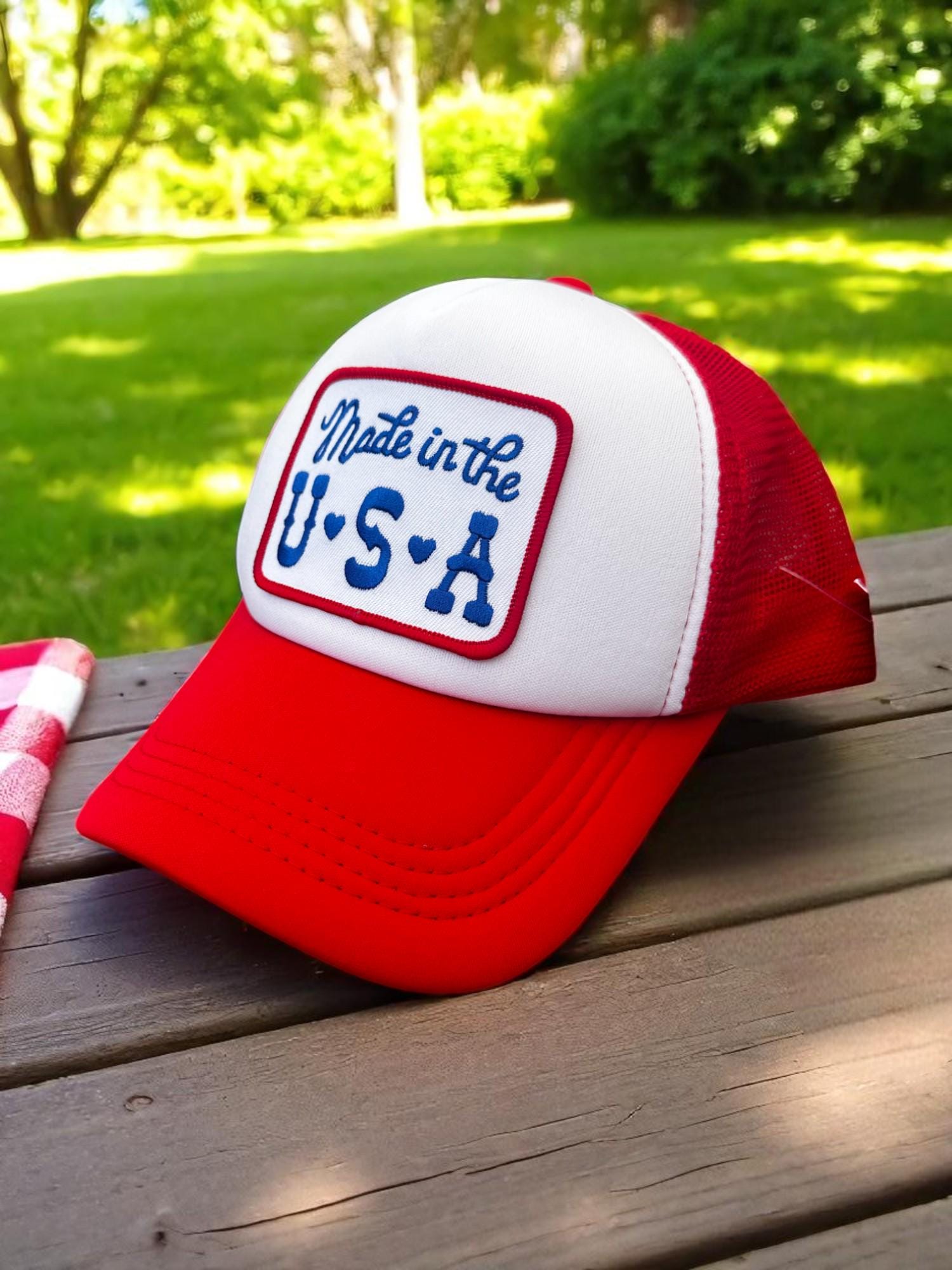 Made in the USA Trucker Hat, Patriotic Mesh Snapback Cap, Red White Blue Patch Hat, Fourth of July Hat for Men, Retro American Pride Hat