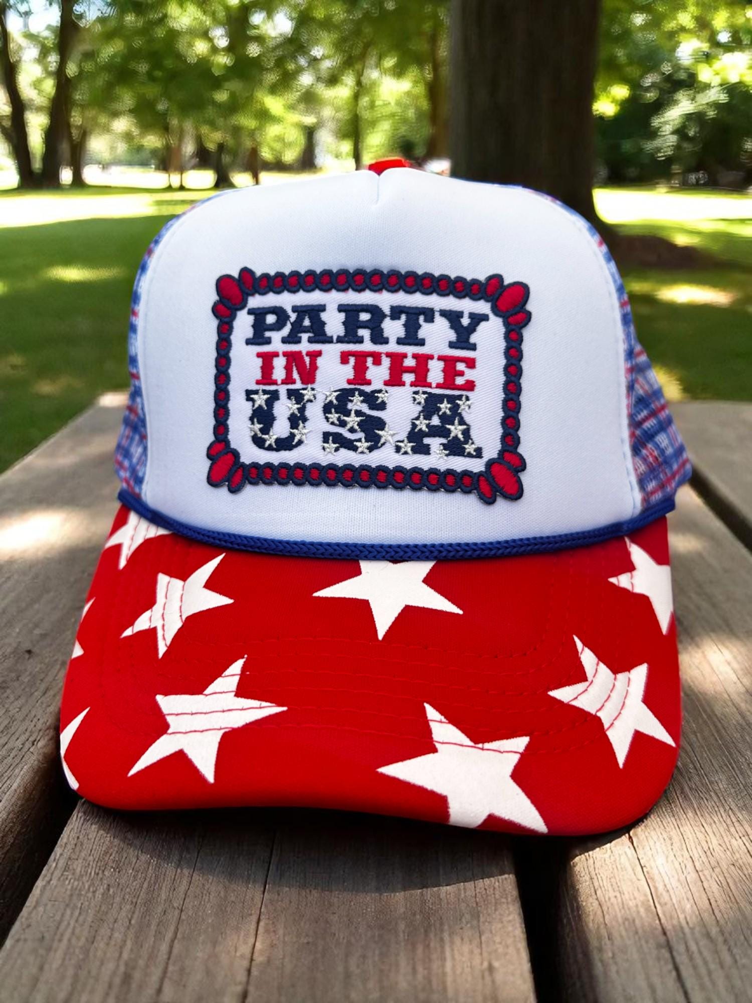 Party in the USA Trucker Hat, Fourth of July Snapback Cap, Red White Blue Star Hat, Patriotic Mesh Hat, American Flag Party Hat