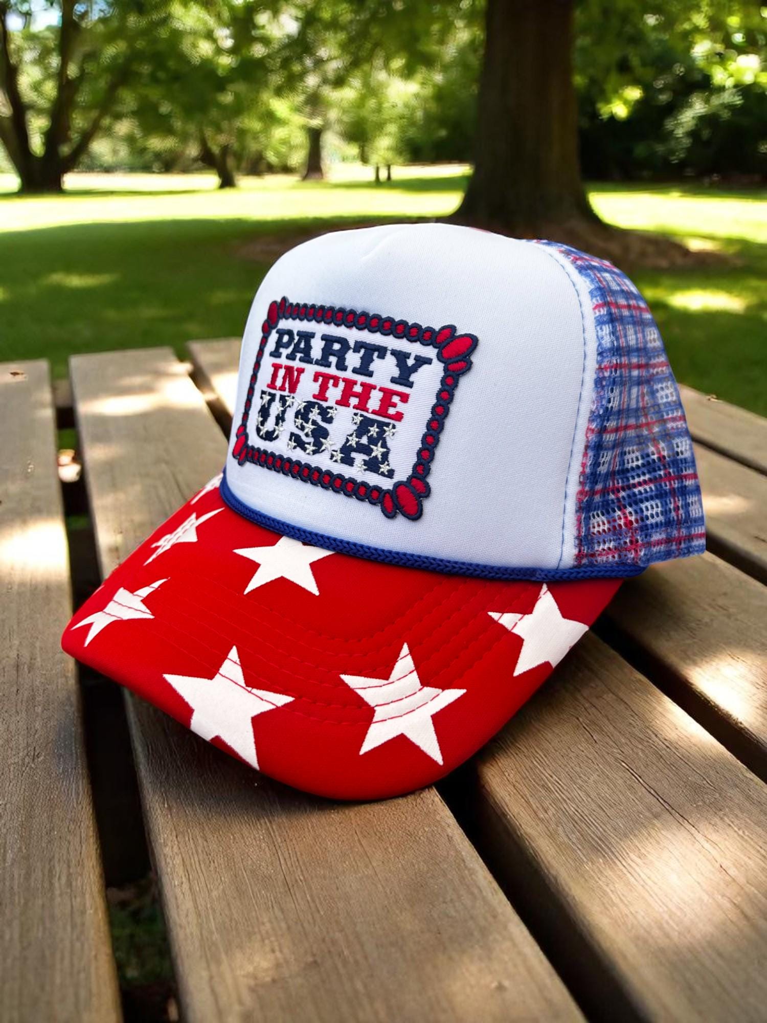 Party in the USA Trucker Hat, Fourth of July Snapback Cap, Red White Blue Star Hat, Patriotic Mesh Hat, American Flag Party Hat
