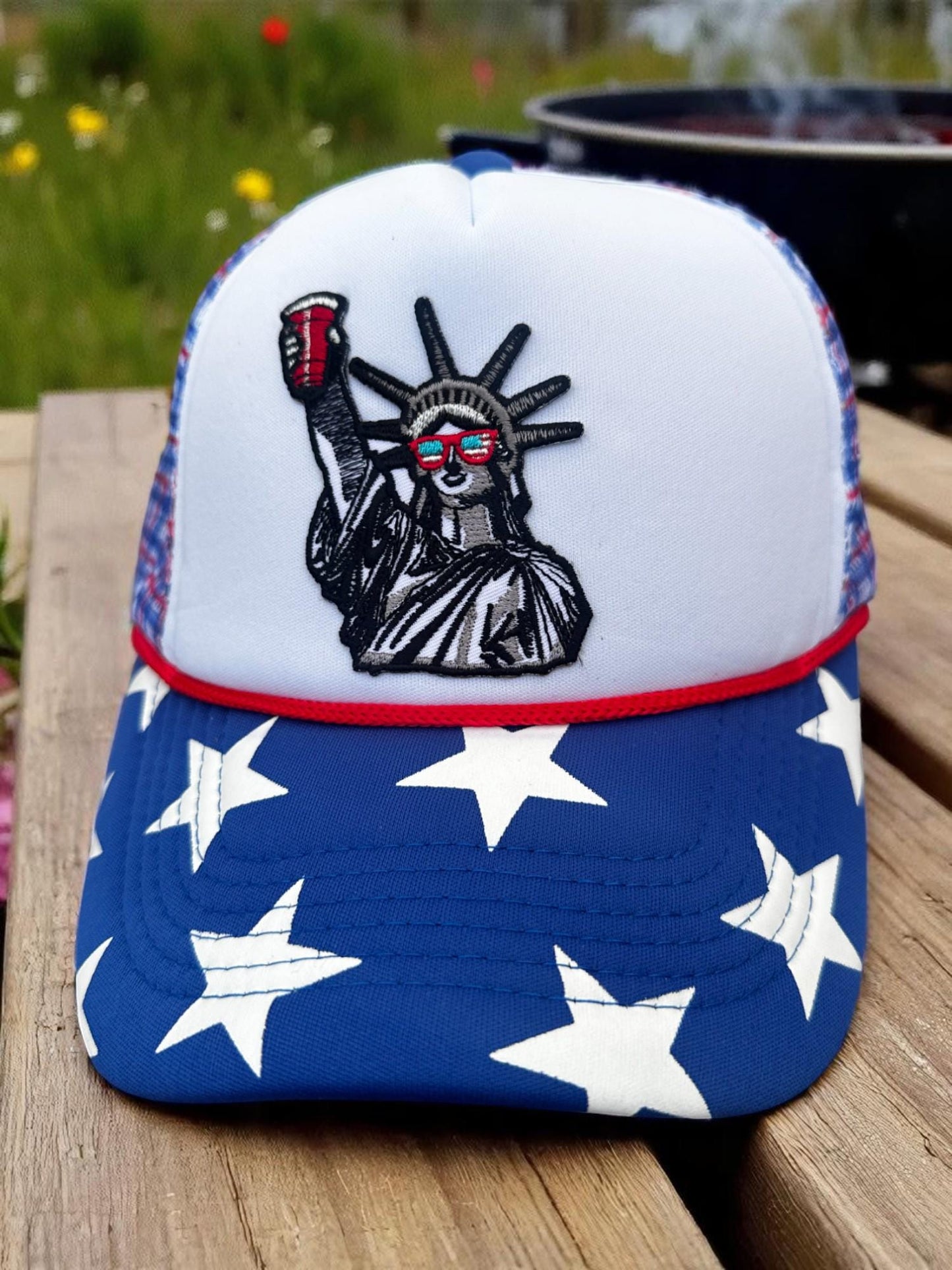 Statue of Liberty Trucker Hat, 4th of July Party Snapback, Red White Blue Star Cap, Patriotic Mesh Hat, Lady Liberty Drinking Hat