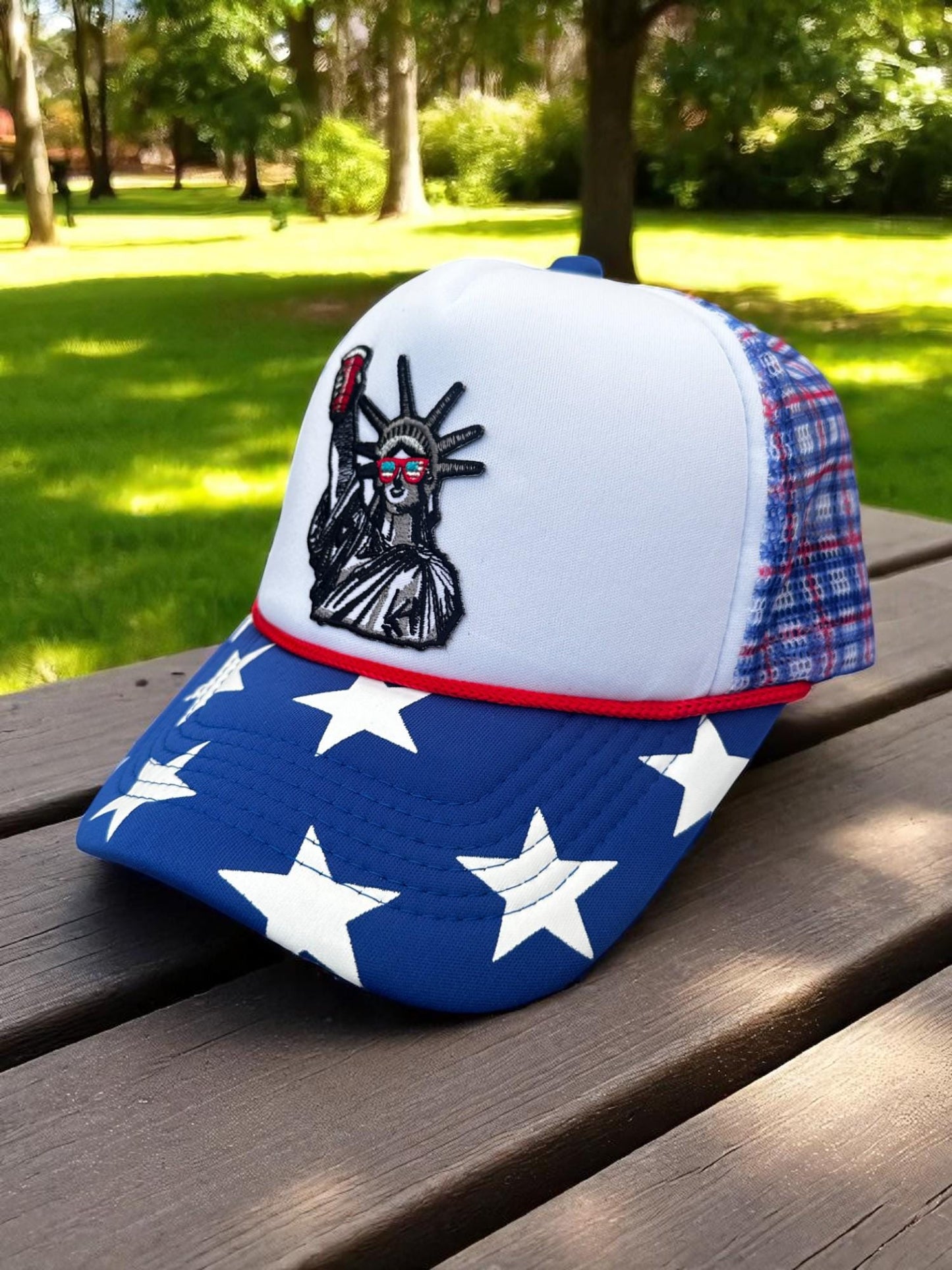 Statue of Liberty Trucker Hat, 4th of July Party Snapback, Red White Blue Star Cap, Patriotic Mesh Hat, Lady Liberty Drinking Hat