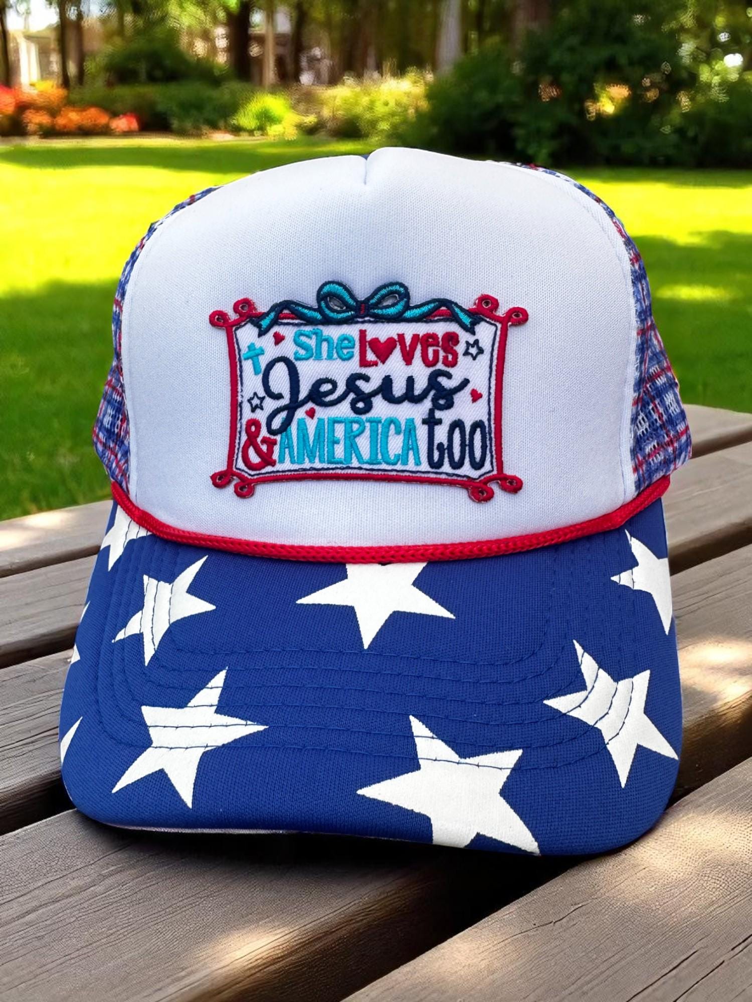 She Loves Jesus Patriotic Hat, Christian 4th of July Trucker Cap, Blue Star Mesh Snapback, Faith and Freedom Hat for Women, USA Cap