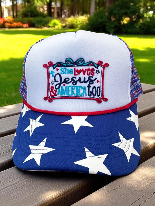 She Loves Jesus Patriotic Hat, Christian 4th of July Trucker Cap, Blue Star Mesh Snapback, Faith and Freedom Hat for Women, USA Cap