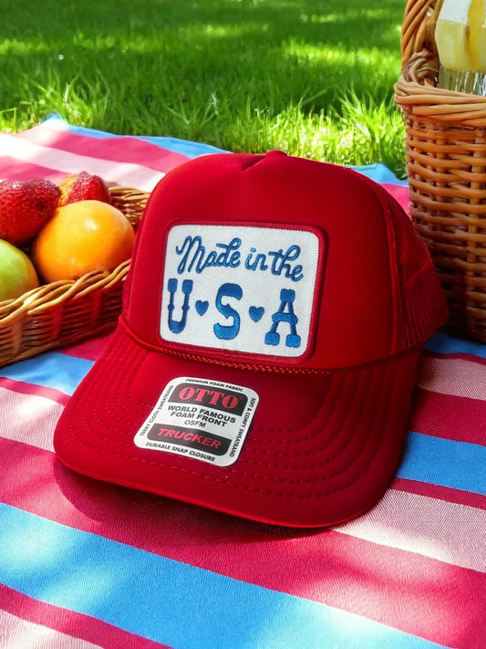 Made in the USA Hat, Red Patriotic Trucker Hat, Fourth of July Cap, USA Embroidered Hat, American Pride Foam Hat, Otto Snapback