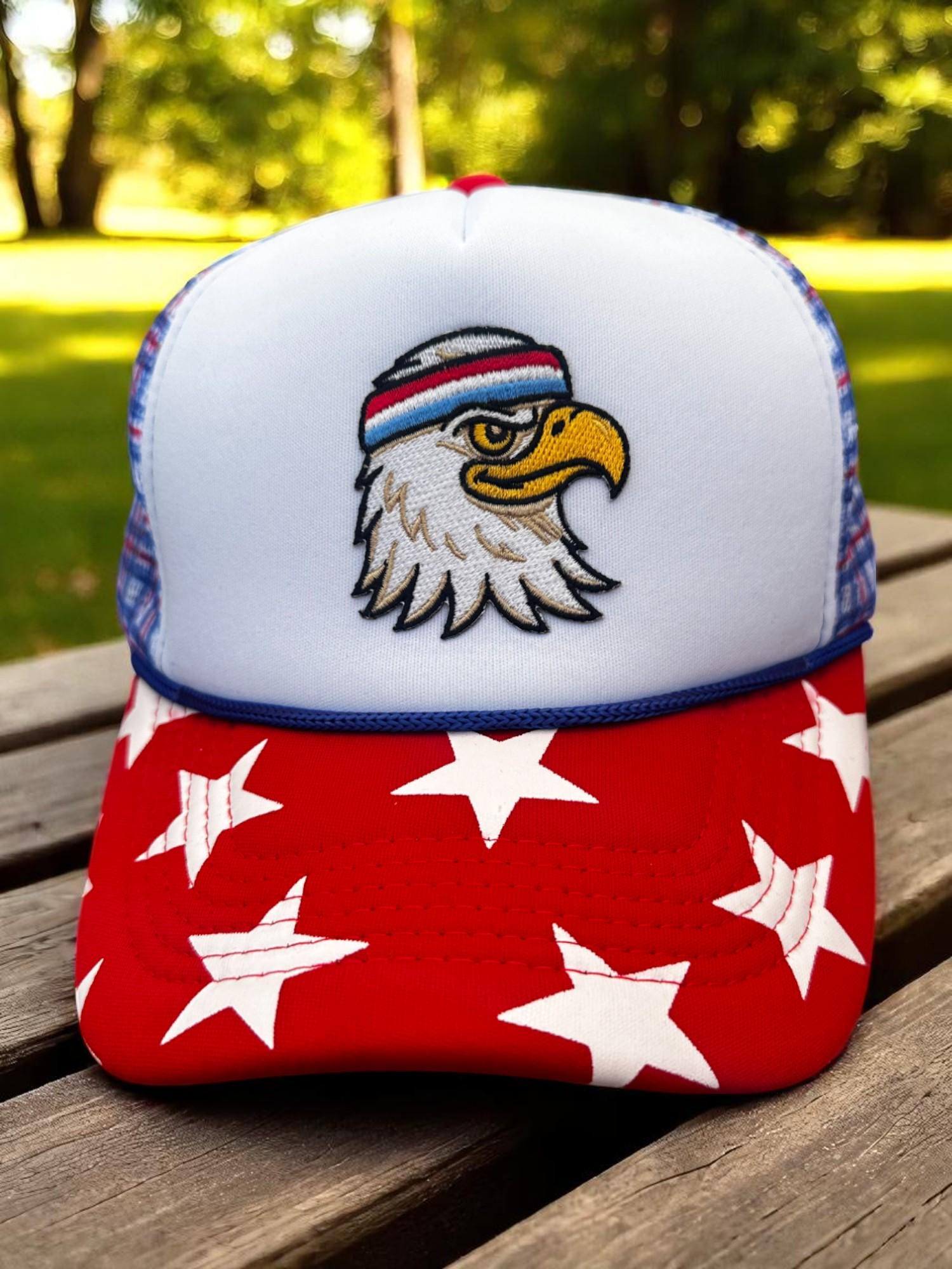 Fourth of July Trucker Hat, Patriotic Eagle Patch Cap, Red White Blue Star Hat, USA Mesh Snapback, Vintage American Flag Hat