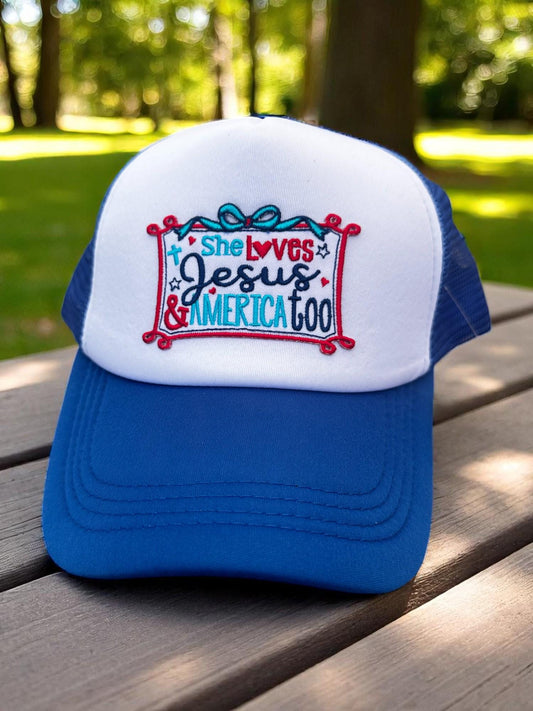 She Loves Jesus Trucker Hat, Christian Patriotic Snapback, Blue White Mesh Cap, Jesus and America Hat, Faith and Freedom 4th of July Hat