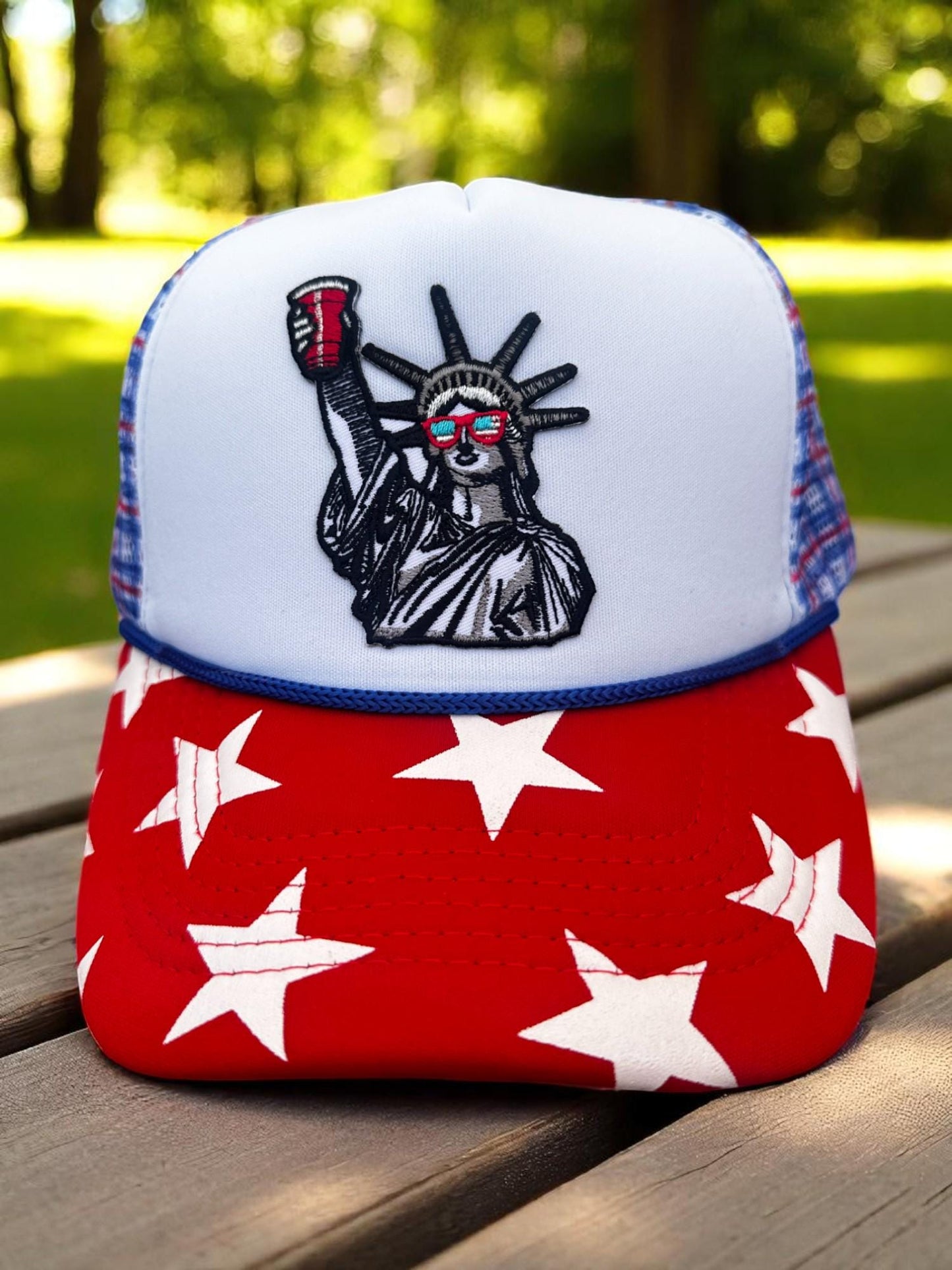 Statue of Liberty Trucker Hat, 4th of July Party Snapback, Red White Blue Star Cap, Patriotic Mesh Hat, Lady Liberty Drinking Hat