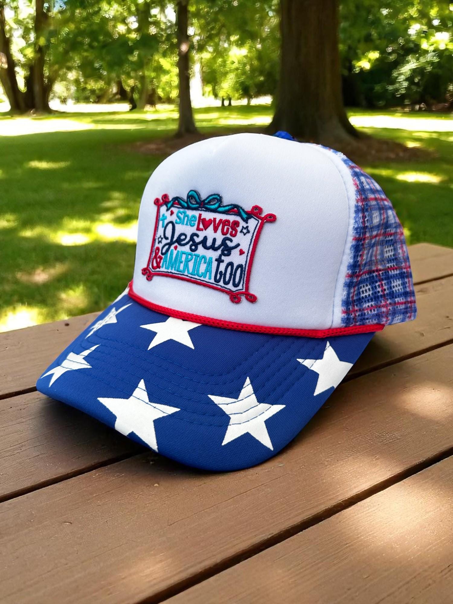 She Loves Jesus Patriotic Hat, Christian 4th of July Trucker Cap, Blue Star Mesh Snapback, Faith and Freedom Hat for Women, USA Cap