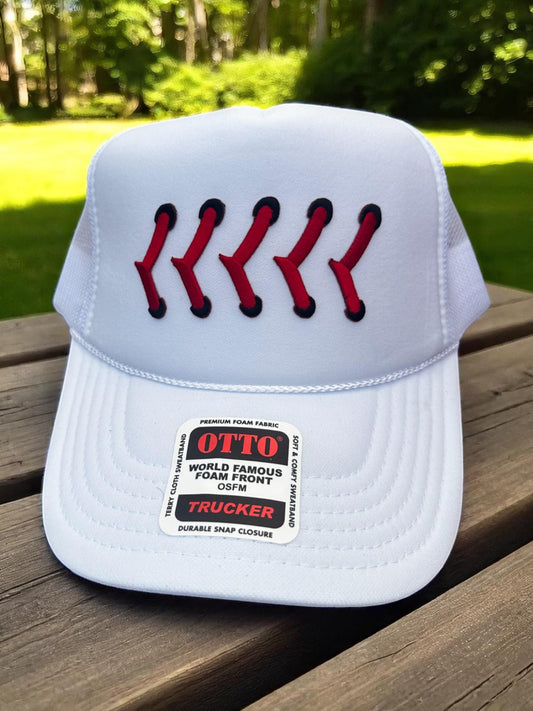 Baseball Stitch Trucker Hat, White Mesh Snapback Cap, Embroidered Baseball Stitches Hat, Sports Fan Foam Cap, Baseball Dad Game Day Hat
