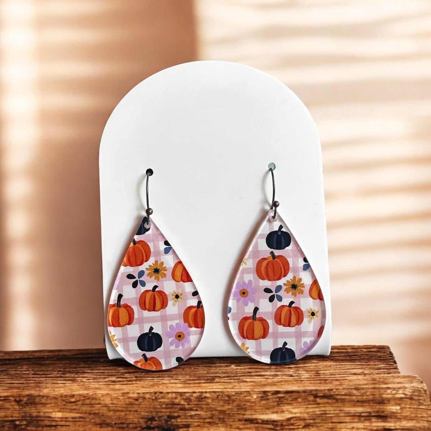 Pumpkin plaid earrings, fall dangle earrings, Halloween drop earrings, autumn statement jewelry, lightweight acrylic earrings