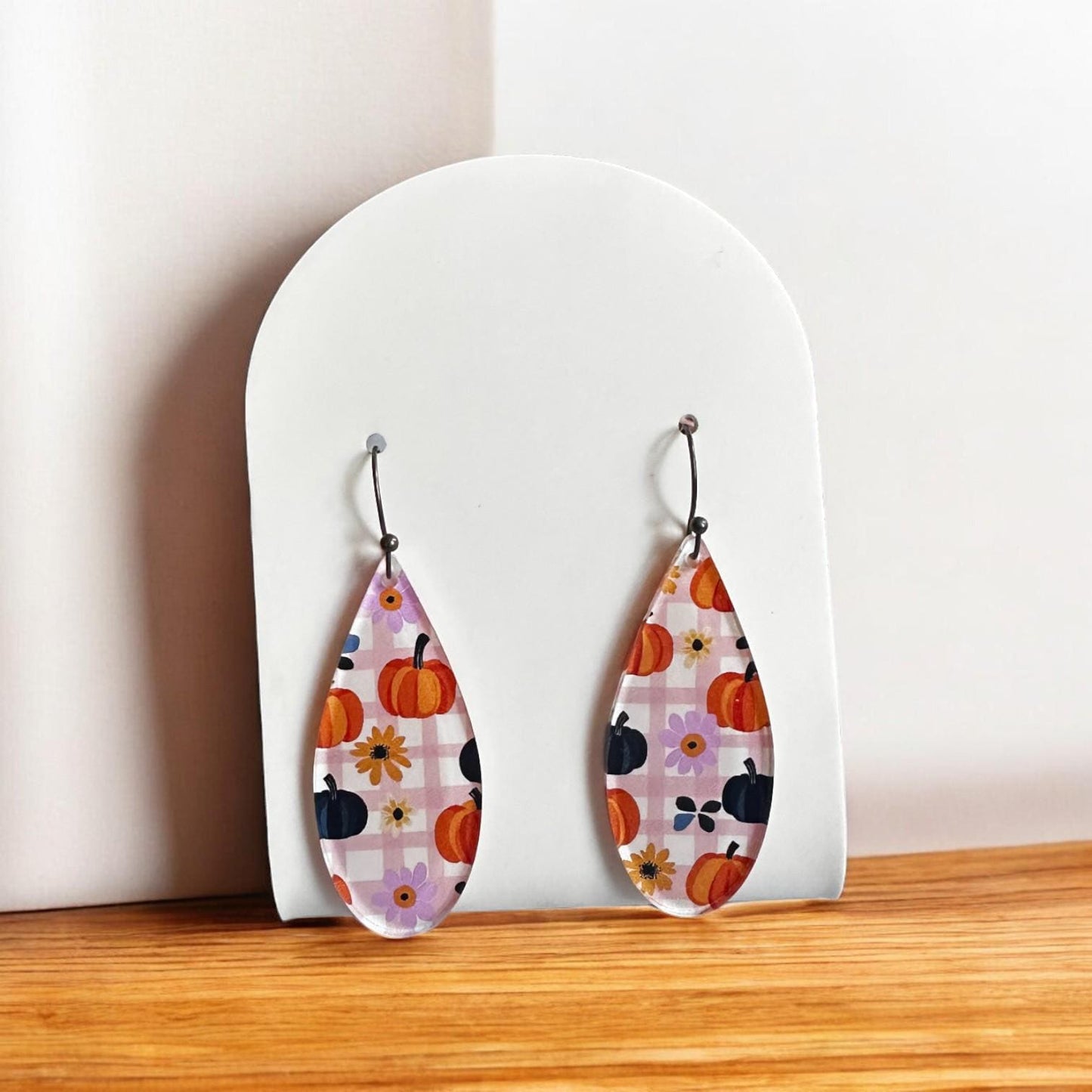 Pumpkin plaid earrings, fall dangle earrings, Halloween drop earrings, autumn statement jewelry, lightweight acrylic earrings